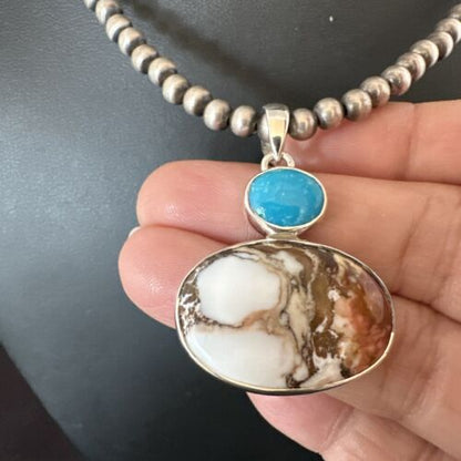 Navajo Wild Horse | Blue Kingman Turquoise Necklace | Sterling Silver | Authentic Native American Handmade | 17341 - Masha USA
