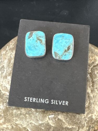 Navajo Blue Kingman Turquoise Post Stud Earrings | Sterling Silver | Authentic Native American Handmade | 17410