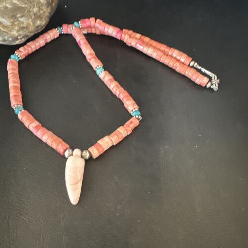 Navajo Sterling Silver Necklace | Pink Coral & Blue Turquoise Naja Pendant | 18" | 15043