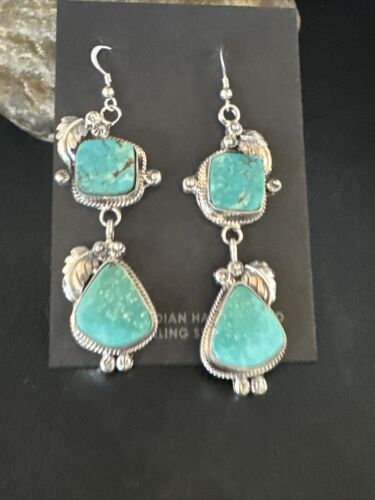 Navajo Blue Kingman Turquoise Dangle Earrings | Sterling Silver | Authentic Native American Handmade | 15185