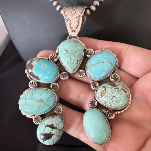 Navajo Blue Turquoise #8 Squash Blossom Naja Pendant Necklace | Sterling Silver | Authentic Native American Handmade | 16907