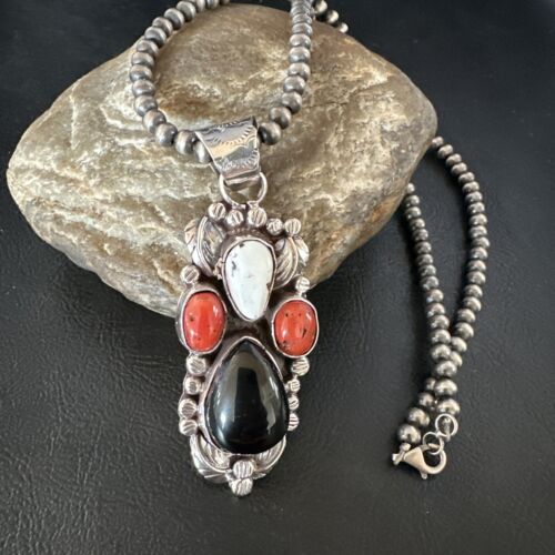 Navajo White Buffalo Coral Onyx Pearls Cluster Pendant | Sterling Silver | Native American Handmade | 15368