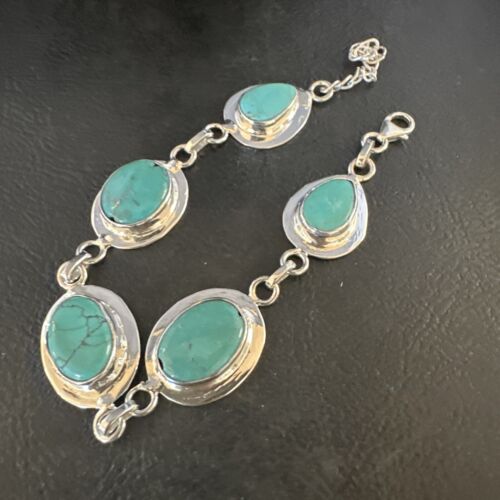Navajo Blue Turquoise Link Bracelet | Sterling Silver | 8" | Authentic Native American Handmade | 15478