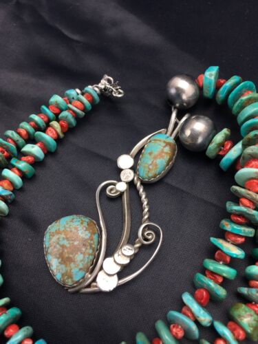 Navajo Turquoise #8 & Spiny Oyster Pendant Necklace | Sterling Silver | 22" | Authentic Native American Handmade | 2635