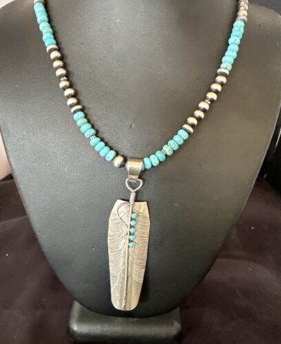 Men's Feather Turquoise Pendant | Navajo Sterling Silver Necklace 21" | Multi-Stone | 17445