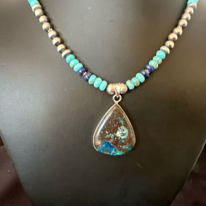 Navajo Blue Turquoise Jasper Pendant with Lapis | Sterling Silver Necklace | Native American Handmade | 16928