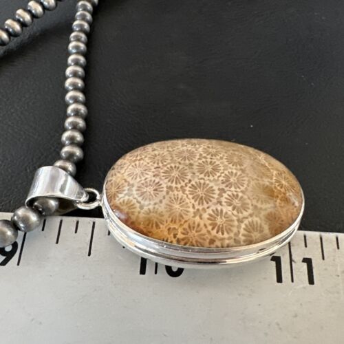 Navajo Champagne Fossil Coral Pendant Necklace | Sterling Silver Beads | Authentic Native American Handmade | 16370
