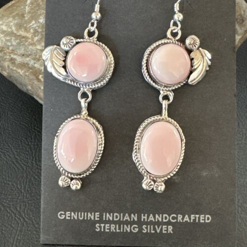 Navajo Pink Conch Shell Dangle Earrings | Sterling Silver | Authentic Native American Handmade | 17191