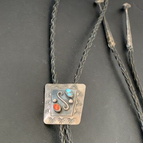 Navajo Turquoise Coral Bolo Tie | Sterling Silver | Authentic Native American Handmade | 02003 Bolo