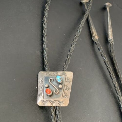 Navajo Turquoise Coral Bolo Tie | Sterling Silver | Authentic Native American Handmade | 02003 Bolo