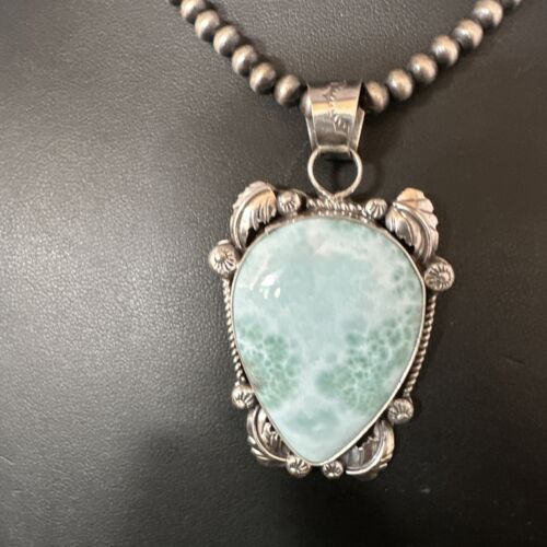 Navajo Blue Larimar Pendant Necklace | Sterling Silver Beads | Authentic Native American Handmade | 15222