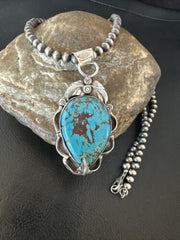 Navajo Blue Turquoise Pendant Necklace | Sterling Silver Pearls | Authentic Native American Handmade | 15640