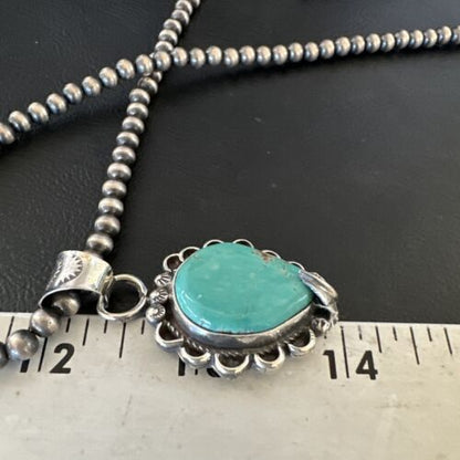 Navajo Blue Turquoise Pendant Necklace | Sterling Silver Pearls | Authentic Native American Handmade | 15656