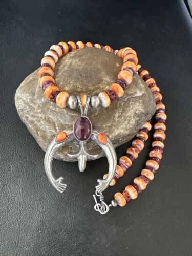 Navajo Orange Purple Spiny Oyster Naja Pendant Necklace | Sterling Silver | Authentic Native American Handmade | 15536