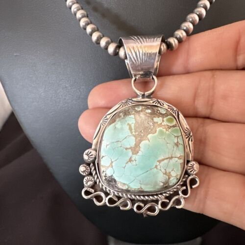Women's Royston Turquoise Pendant Necklace | Navajo Pearls | Sterling Silver | Authentic Native American Handmade | 17065