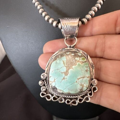 Women's Royston Turquoise Pendant Necklace | Navajo Pearls | Sterling Silver | Authentic Native American Handmade | 17065