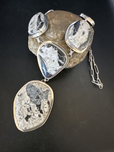 Navajo XL White Buffalo Turquoise Lariat Necklace  | Authentic Native American Sterling Silver | 14992