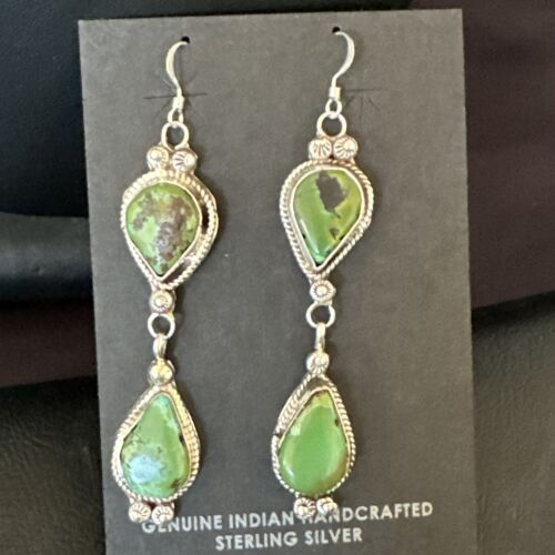 Navajo Green Royston Turquoise Dangle Earrings | Sterling Silver | Authentic Native American Handmade | 17139
