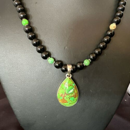 Green Mojave Turquoise & Onyx Pendant | Navajo Pearl Sterling Silver Necklace 21" | 17499