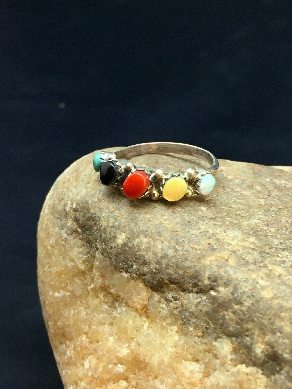 Zuni Blue Opal Coral Turquoise Ring | Authentic Native American Sterling Silver | Multi-Stone | Sz 6.5 | 8999