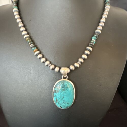 Men's Navajo Blue Spiderweb Turquoise Pendant Necklace | Sterling Silver | Authentic Native American Handmade | 16243