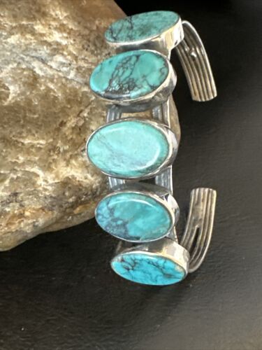 Women's Blue Turquoise 5-Stone Cuff Bracelet | Navajo Sterling Silver | Authentic Native American Jewelry | 16165