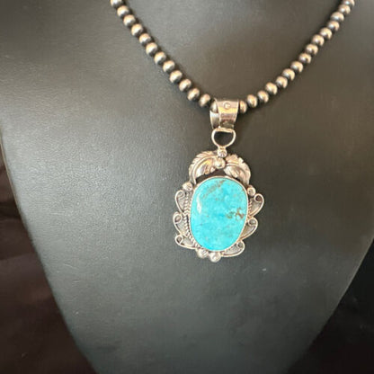 Navajo Kingman Turquoise Pendant Necklace | Sterling Silver Pearls | Authentic Native American Handmade | 15214