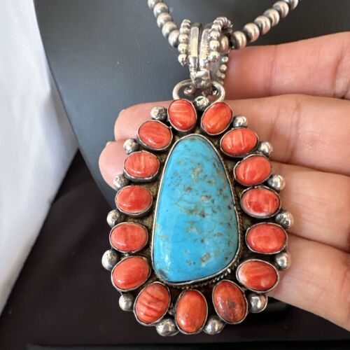 Navajo Turquoise Spiny Oyster Cluster Pendant Necklace | Sterling Silver | Native American Handmade | 17152