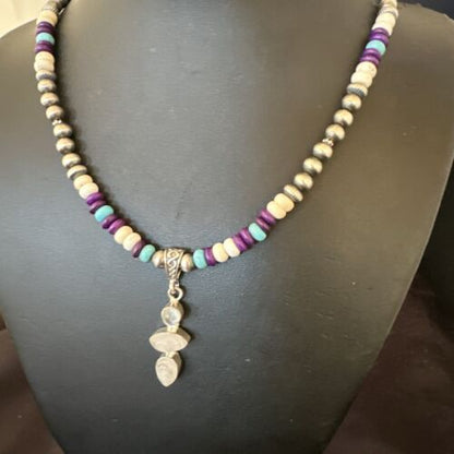 Navajo White Mother of Pearl, Turquoise, Sugilite Pendant Necklace | Sterling Silver | 16851
