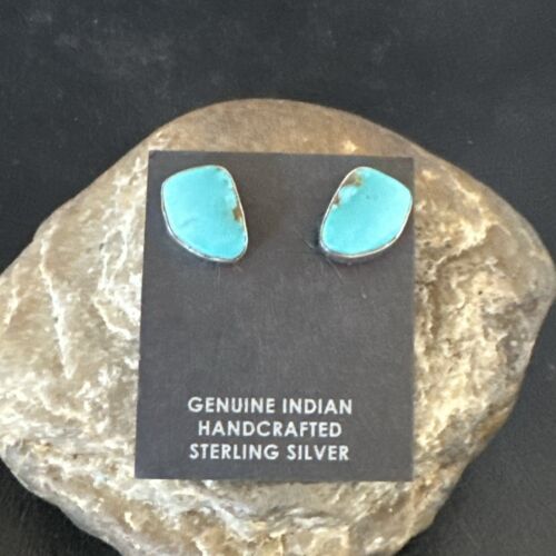 Navajo Blue Kingman Turquoise Post Stud Earrings | Sterling Silver | Authentic Native American Handmade | 17468