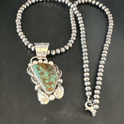 Navajo Blue Spiderweb Turquoise Pendant Necklace | Sterling Silver | Native American Handmade | 15098