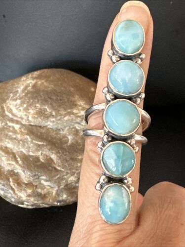 Navajo Women's Cluster Blue Larimar Ring | Authentic Native American Sterling Silver | Multi-Stone | Sz 7 | 15945
