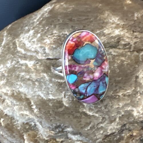 Navajo Turquoise Spiny Oyster Ring | Sterling Silver | Sz 8 | Authentic Native American Handmade | 16610