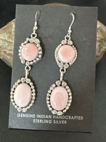 Navajo Pink Conch Shell Dangle Earrings | Sterling Silver | Authentic Native American Handmade | 17199