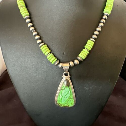Navajo Green Gaspeite Pendant Necklace | Sterling Silver | Authentic Native American Handmade | 10979