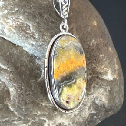 Navajo Bumblebee Jasper Pendant Necklace | Sterling Silver | Authentic Native American Handmade | 15957