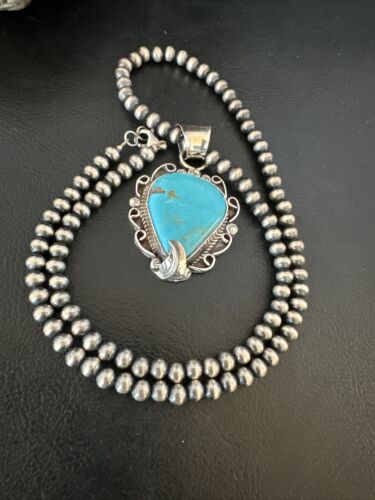 Navajo Blue Turquoise Pendant Necklace | Sterling Silver Pearls | Authentic Native American Handmade | 15638