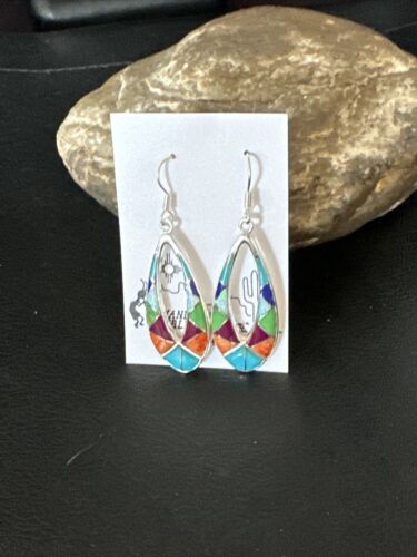 Southwestern Sterling Silver Multi-Color Turquoise Lapis Inlay Earrings | Authentic Native American Handmade | 14938 - Masha USA