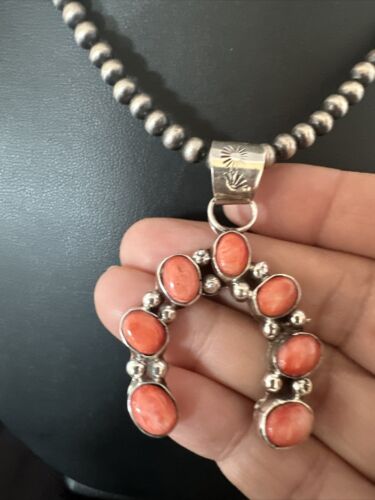 Navajo Red Spiny Oyster Naja Pendant Necklace | Sterling Silver | 20" | Authentic Native American Handmade | 15759