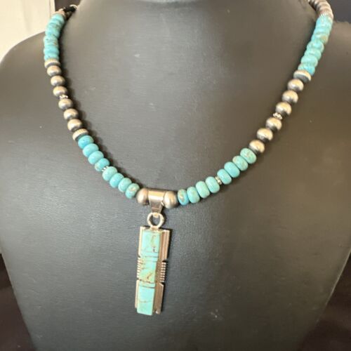 Turquoise #8 Inlay Pendant Necklace | Navajo Sterling Silver | Authentic Native American Handmade | 17121