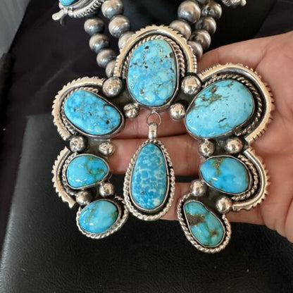 Navajo Ultra Rare Sonoran Mountain Blue Turquoise Squash Blossom Necklace Set | Sterling Silver | 17209