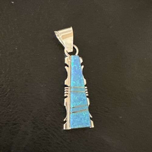 Navajo Blue Opal Inlay Pendant Necklace | Sterling Silver | Authentic Native American Handmade | 15672
