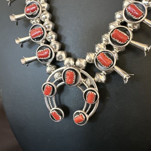 Navajo Red Coral Shadowbox Squash Blossom Necklace | Sterling Silver | 17" | Authentic Native American Handmade | 16118