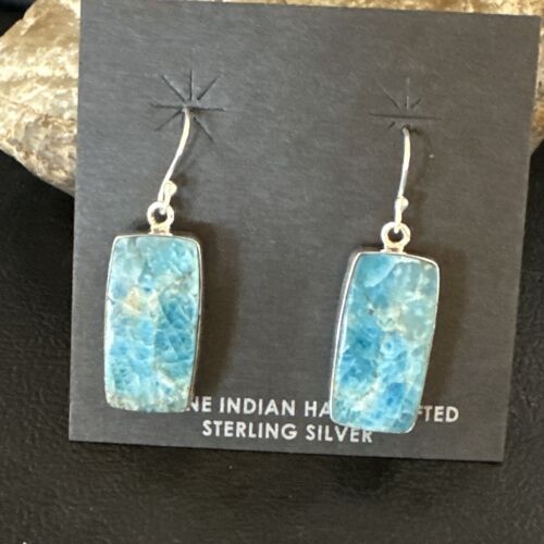 Navajo Blue Turquoise Dangle Earrings | Sterling Silver | Authentic Native American Handmade | 15431