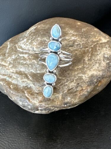 Navajo Blue Larimar Cluster Ring | Authentic Native American Sterling Silver | Multi-Stone | Sz 8 | 16157