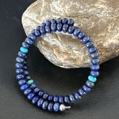 Navajo Lapis Turquoise Heishi Bracelet | Stainless Steel Memory Wire 6mm | Authentic Native American Handmade | 17614