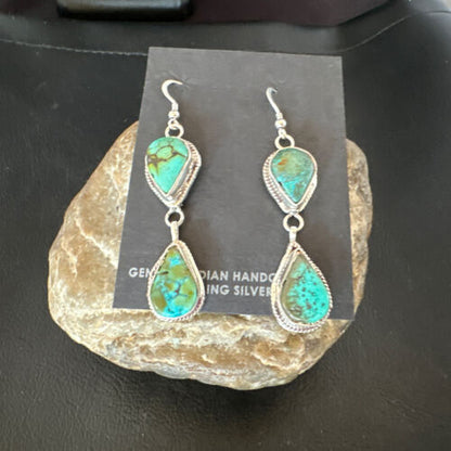 Navajo Green Royston Turquoise Dangle Earrings | Sterling Silver | Authentic Native American Handmade | 16495