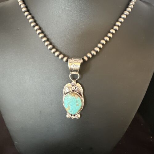 Navajo Blue Turquoise #8 Pendant | Sterling Silver Necklace with Pearls | Authentic Native American Handmade | 15444