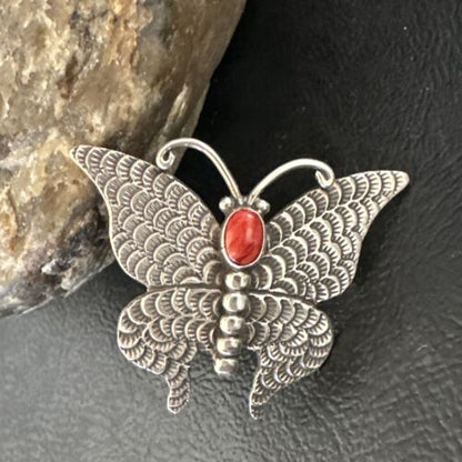 Navajo Butterfly Red Coral Pin Pendant | Sterling Silver | 1.25" | Authentic Native American Handmade | 15235