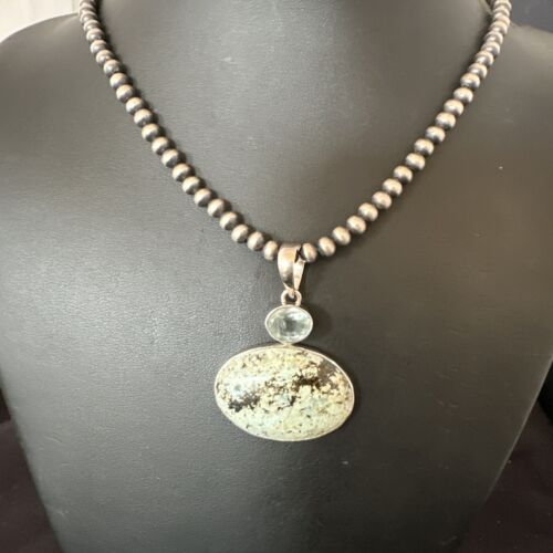 Navajo Dry Creek Turquoise Topaz Pendant Necklace | Sterling Silver | Authentic Native American Handmade | 16313